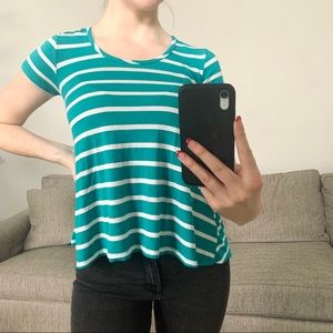 No Comment blue teal and white striped top